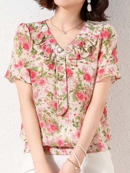 Çiçek Baskı kadın Gömlek Yaz Kısa Kollu Üst İnce Kadın Kore Moda Şifon gömlek ve bluzlar
