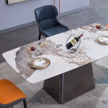 Özel İtalyan masa sandalye kombinasyonu dikdörtgen tasarımcı aile yemek masası restoran paslanmaz çelik ışık lüks masa