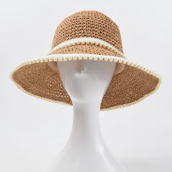 Şapka çocuk 2023 yaz yeni inci dekorasyon el yapımı hasır şapka katlanabilir büyük ağız güneş gölgeleme ve güneş koruyucu plaj şapkası
